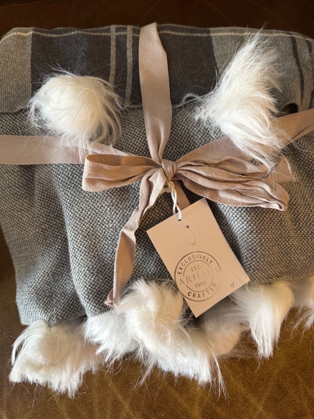 Artisanal Gray Knit Basket with Cream Faux Fur Trim